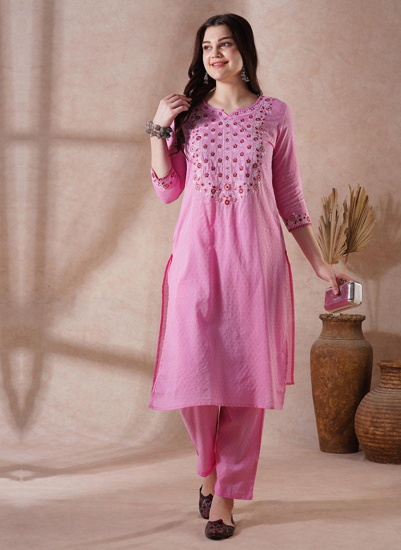 Globus Women Pink Floral Embroidered Yoke Straight Kurta With Pants Festive Set - Image 1